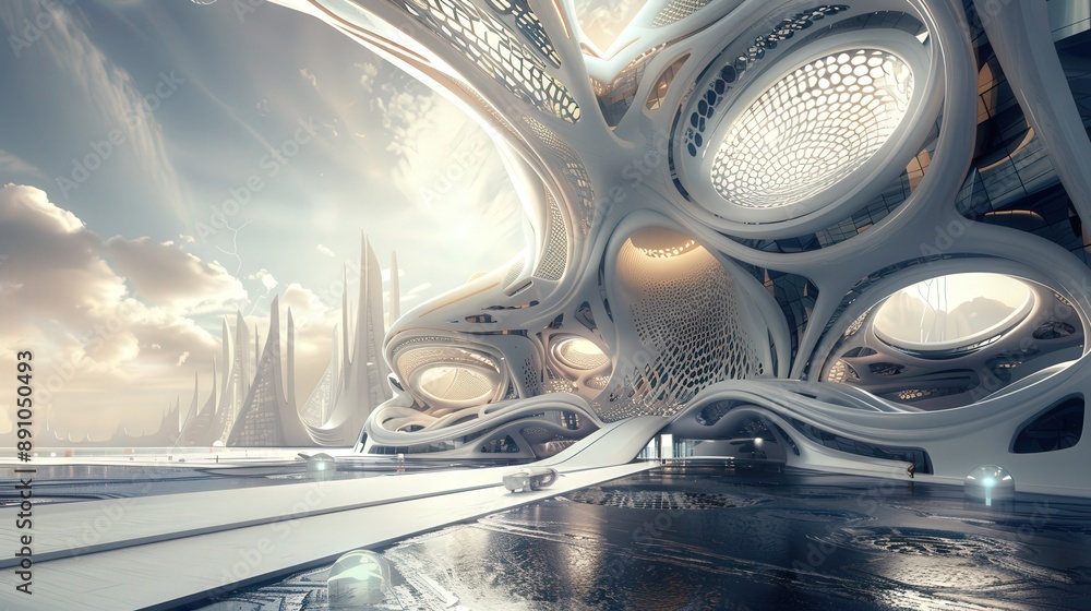 Poster 3d rendering of futuristic architecture, inspired by innovative design