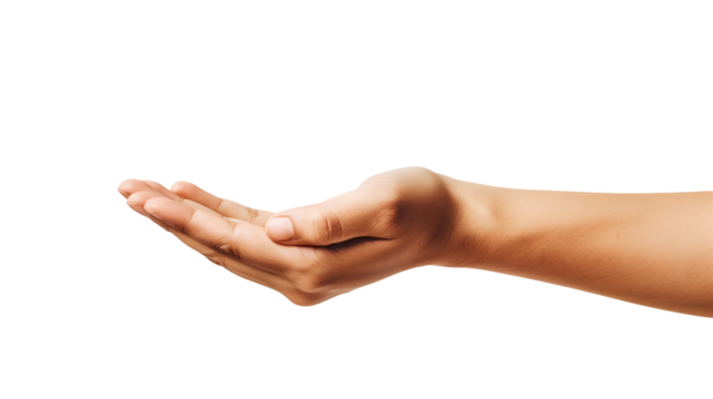 Open human hand in a gesture of offering against a white background
