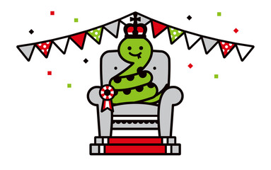 蛇の王様のイラスト素材。ガーランドと、漫画風のかわいい蛇のマスコットキャラクター。