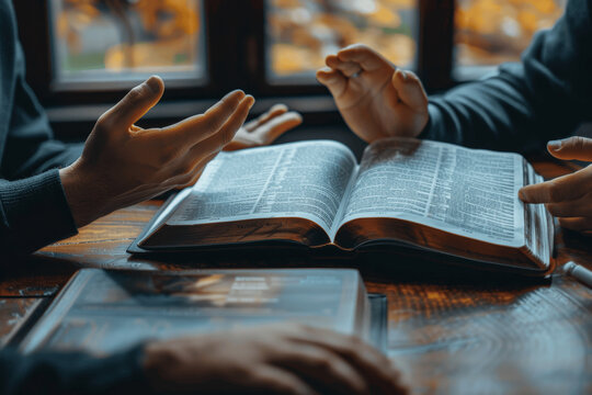 Bible Study Group Reading and Discussing Scripture Together at Home with Natural Light