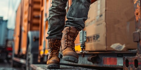 Close-up of a Worker's legs in boots standing on the platform