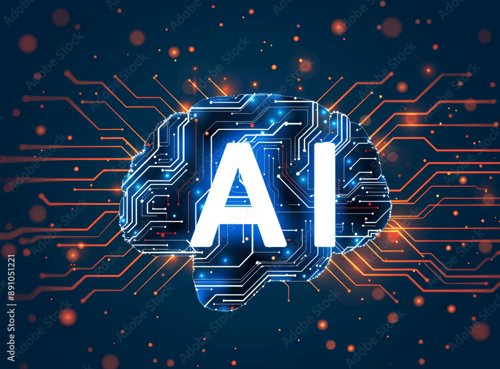 Poster ai brain icon with circuit board pattern on blue background, artificial intelligence digital human c