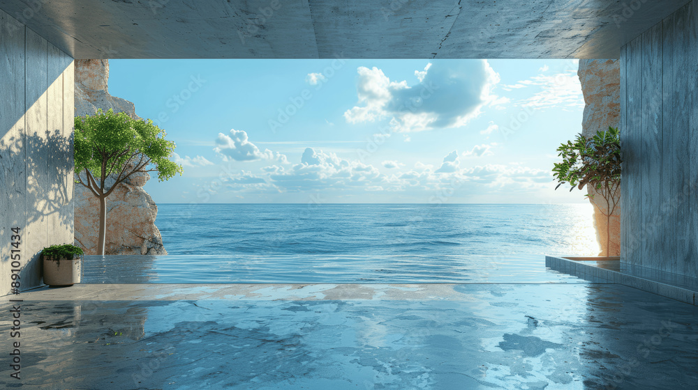 Poster 3d render of modern minimalist open space with concrete floor and sea view, architecture background