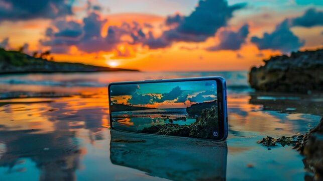 A blue phone capturing a stunning sunset over the ocean, with the phone screen mirroring the beautiful colors of the sky. The image showcases