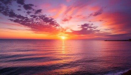 Fototapeta premium Fiery orange sun dips below the horizon, casting long reflections across the rippling ocean waves