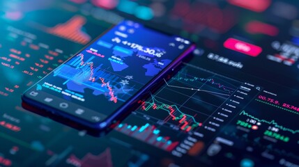 A blue phone with a financial app open, showing stock prices and market trends. The image emphasizes the phone's utility in staying informed and making smart financial decisions