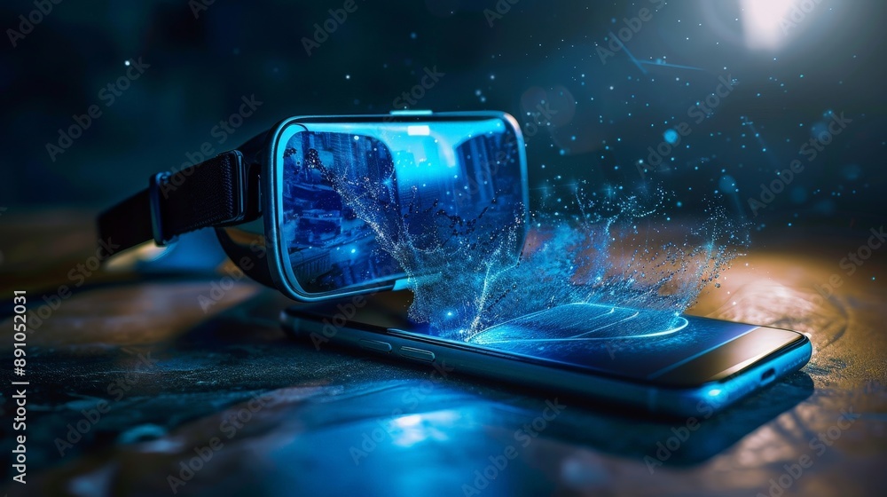 Aufkleber a blue phone with a virtual reality app open, showing an immersive experience. the dynamic visuals a