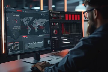 IT specialist monitoring a network on a screen with the CrowdStrike dashboard, highlighting real-time protection