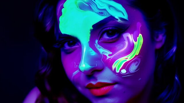 Swirls of neon green pink and blue dance across her face expertly applied with fluorescent paint to create a unique and eyecatching blacklight look.