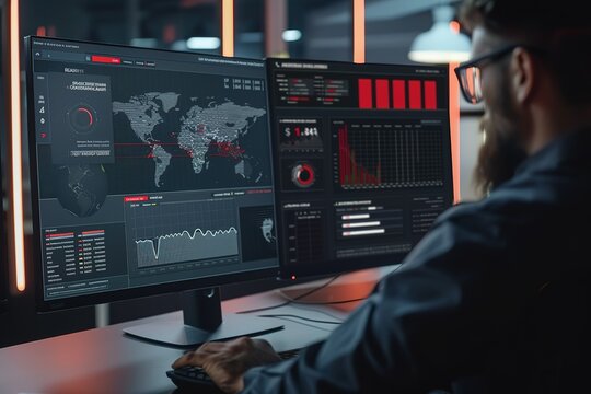IT specialist monitoring a network on a screen with the CrowdStrike dashboard, highlighting real-time protection