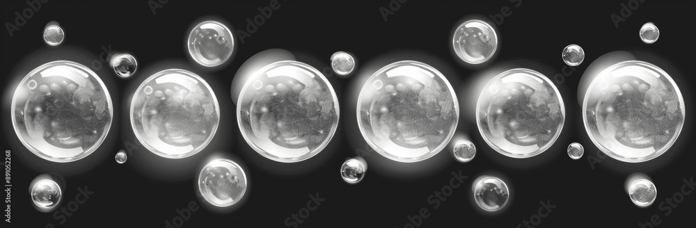 Poster transparent soap bubbles isolated on gray background, realistic 3d vector bubbles in various sizes a