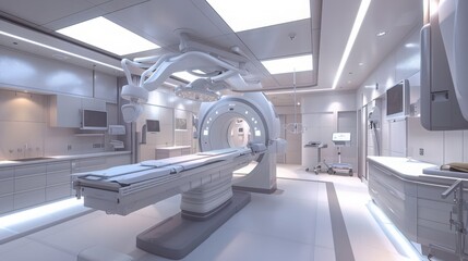A bright, sterile surgery room with advanced imaging technology, such as an intraoperative CT scanner. The room is designed for complex procedures requiring precise imaging and guidance