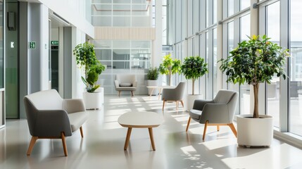 Obraz premium A bright hospital interior with modern furnishings, clean white walls, and large windows allowing natural light to flood the space. The calm atmosphere is accentuated by green plants and soft,