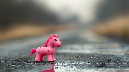 broken toy baby pink horse on wheels broke on the road
