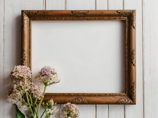 A wooden picture frame adorned with fresh flowers.