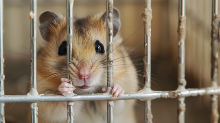 Obraz premium Hamster Escapes from Prison, Captured in a Playful Scene with Tiny Jail Bars and an Adorable Rodent Making Its Escape, Creating a Whimsical and Entertaining Illustration
