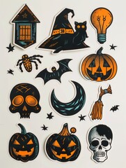 Vibrant Collection of Rhinestone Halloween Stickers Featuring Glittery Pumpkins, Bats, and Spiders on a Stark White Background
