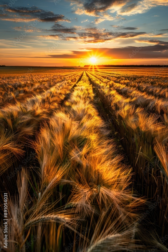 Canvas Prints A field of grass with a bright orange sun in the sky. The sun is setting and the sky is filled with clouds