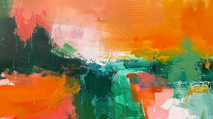Abstract landscape painting with vivid orange and green hues 