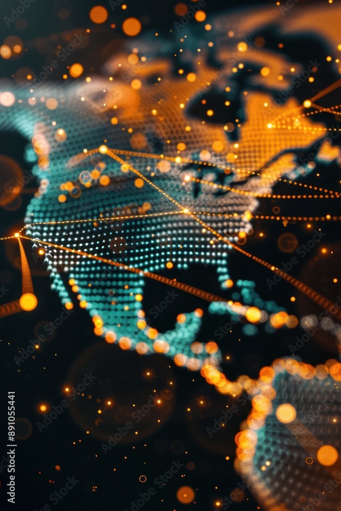 Poster a colorful image of a globe with many lines and dots, representing people, and a few words that say 