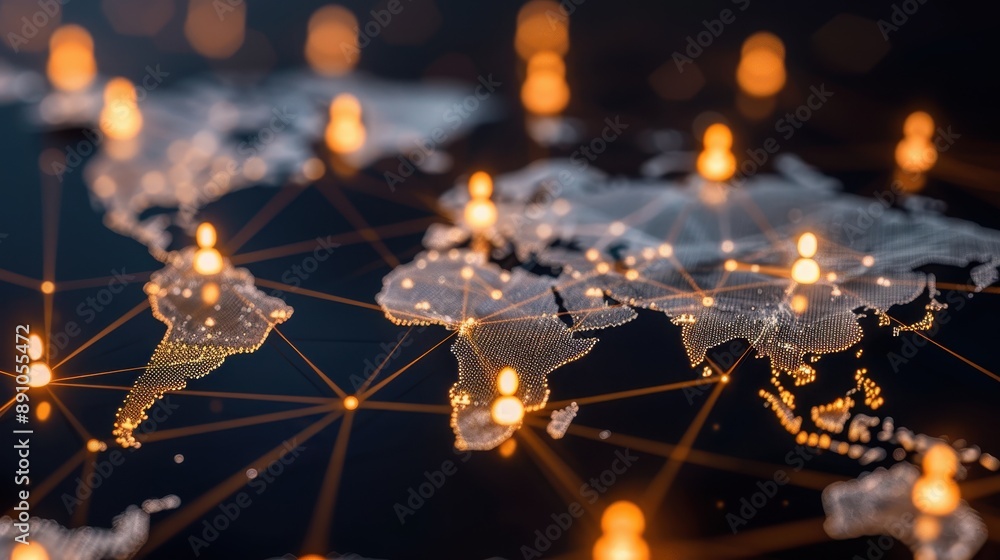 Poster a colorful image of a globe with many lines and dots, representing people, and a few words that say 