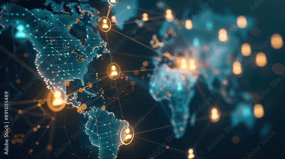 Poster a colorful image of a globe with many lines and dots, representing people, and a few words that say 