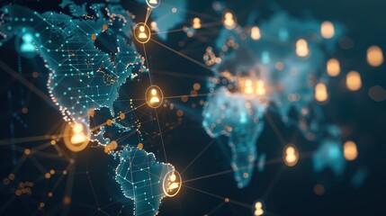 A colorful image of a globe with many lines and dots, representing people, and a few words that say "connect"