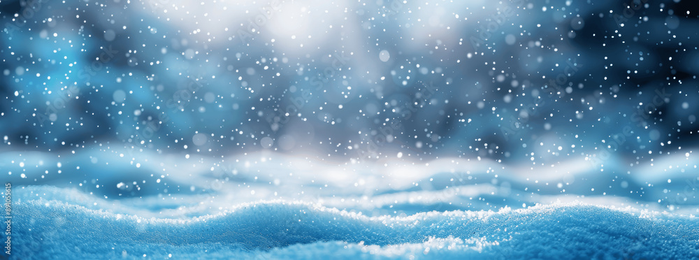 Poster ultrawide background image of light snowfall over snowdrifts with snowflakes and bokeh lights