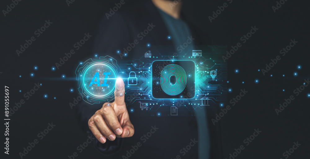 Poster a businessman using ai-driven cybersecurity enhances protection against digital threats, leveraging 