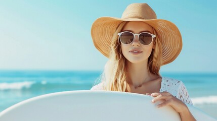A beach fashion girl in a boho-chic outfit, with a surfboard in hand, ready to hit the waves