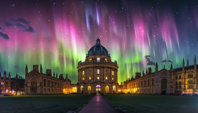 The Radiant Aurora Borealis Over Oxford's Radcliffe Camera at Night