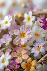 A basket of flowers with a yellow flower in the middle