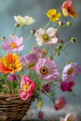 A basket of flowers with a yellow flower in the middle