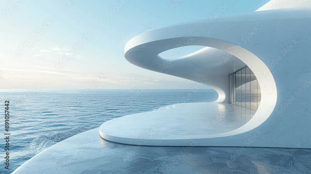Poster 3d render of modern curved white architecture with ocean background and concrete floor