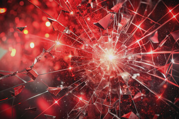 Fototapeta premium Intense red background with shattered fragments and abstract blurred lights conveying a furious emotional state, epitomizing anger and frustration without a human presence.