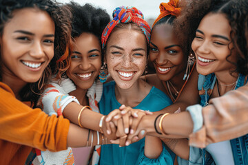 Diverse women holding hands and smiling - Unity in diversity for World Women's Day