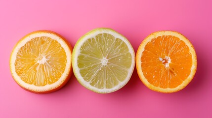 Citrus fruits lemon lime orange isolated on pink background