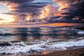 A dramatic sunset over the ocean with powerful waves crashing against the shore and a stormy sky. Lightning flashes across the dark clouds, creating a striking contrast with the hues of orange and pin