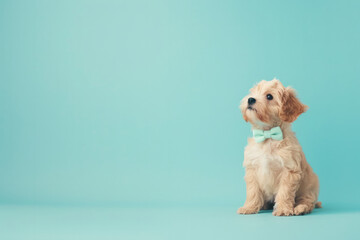 Sweet little white dog with a bow on a blue background, perfect for use in advertisements for dog grooming services, pet-friendly hotels, and doggy daycares. The image is eye-catching and endearing