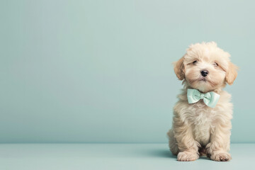 Adorable small white dog with a cute bow on a blue background. Perfect for pet grooming salons, veterinary clinics, and pet adoption agencies. High-quality image ideal for promotional materials
