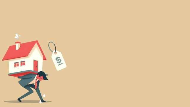 Animation of a distressed office worker burdened by the weight of an expensive house. Concept of mortgage struggle, financial stress, and heavy responsibilities.