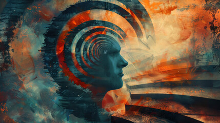 abstract illustration collage of a human in a spiral staircase leading downward into darkness, illustrating the descent into depressive states and the feeling of being trapped in a downward spiral