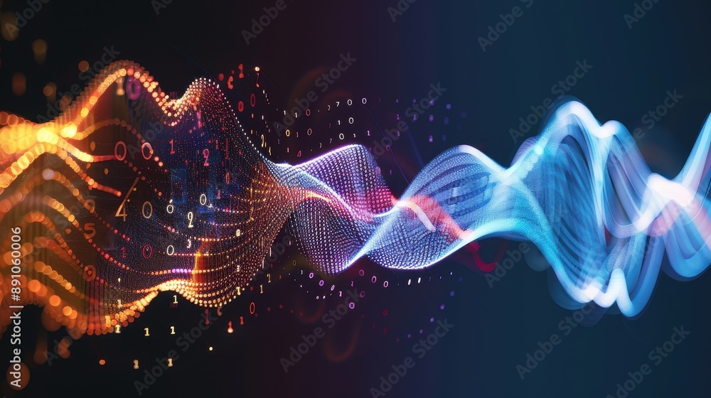 Poster a colorful wave of sound with red and orange and blue. the wave is very long and it looks like it is