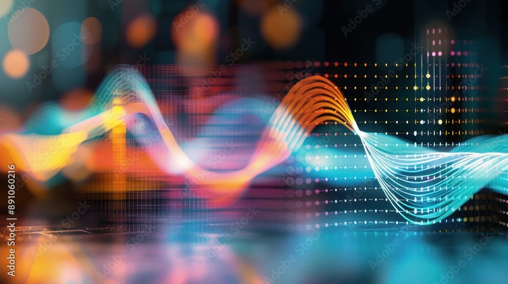 Poster a colorful wave of sound with red and orange and blue. the wave is very long and it looks like it is