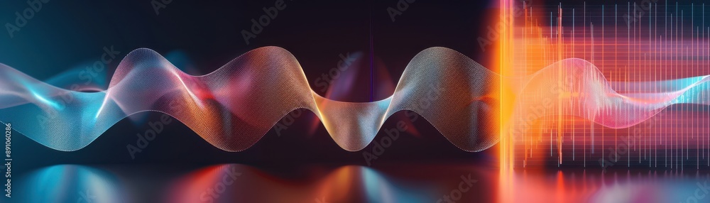 Poster a colorful wave of sound with red and orange and blue. the wave is very long and it looks like it is