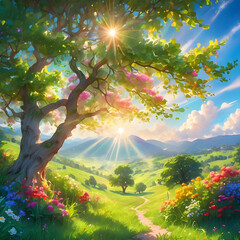 landscape with trees and sun