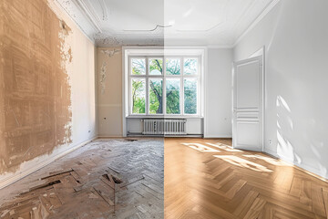 Before-and-after shot of a renovated room, highlighting progress in home improvement