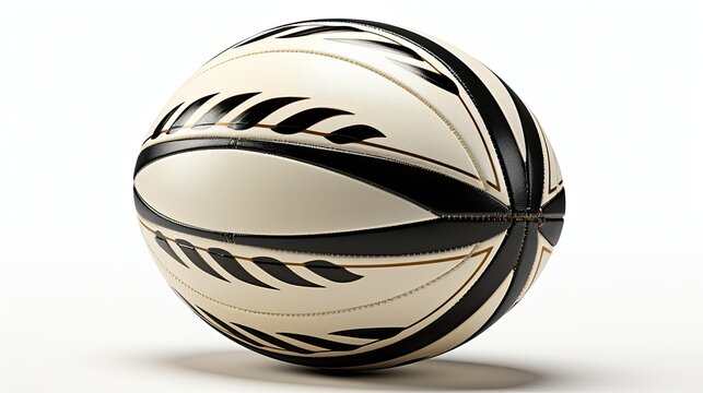 White and black rugby ball with gold accents. Suitable for sports themed designs, rugby events, team logos, and sports equipment promotions.