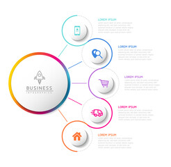 Vector infographic business presentation template with circular interconnection with 5 options.