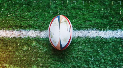 Rugby ball on green artificial grass with white line. Suitable for sports blogs, social media posts, and sportsrelated designs.